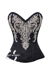 Black Brocade Silver Sequins Gothic Burlesque Waist Training Overbust Corset Costume